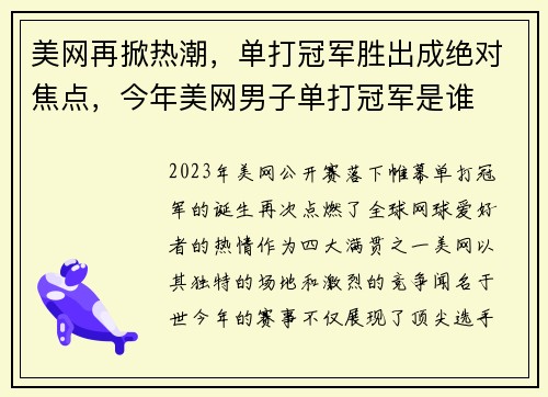 美网再掀热潮，单打冠军胜出成绝对焦点，今年美网男子单打冠军是谁